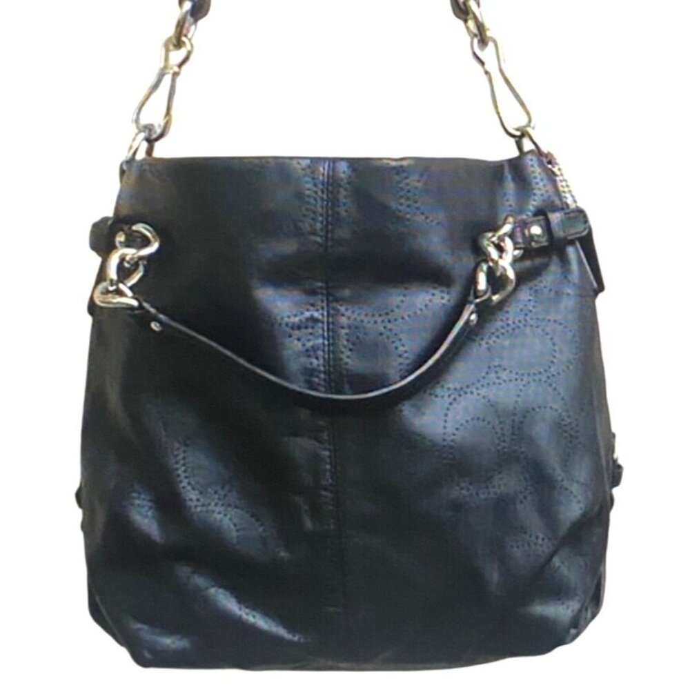Coach 2011 Brooke Black Signature Perforated Leather Convertible Hobo Bag Silver - Picture 2 of 12
